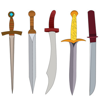 vector, isolated, edged weapon, sword, saber set, collection