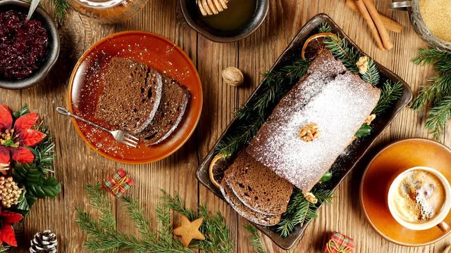 Gingerbread cake, top view. Christmas decoration. Food presentation. Top view. 