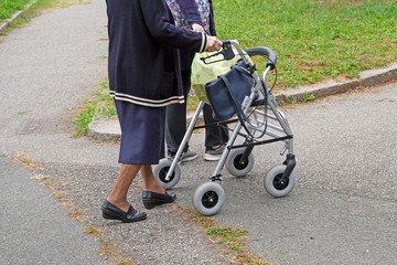 anziana signora e badante straniera passeggiano in un parco con il trasportino per deambulare