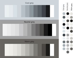 Gray color tones trend 2019 set. Cool, neutral, warm grey set smooth gradient from light to dark. Unique color palettes for designers and architects. Design of interior, fashion harmony solutions.