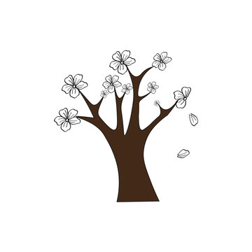 brown tree with white flower, icon , vector illustration