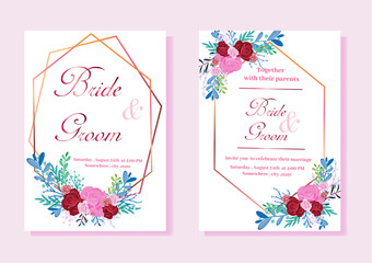 Wedding invitation card, Vintage Floral and rose Bouquet Style. Elegant geometric gold Border background