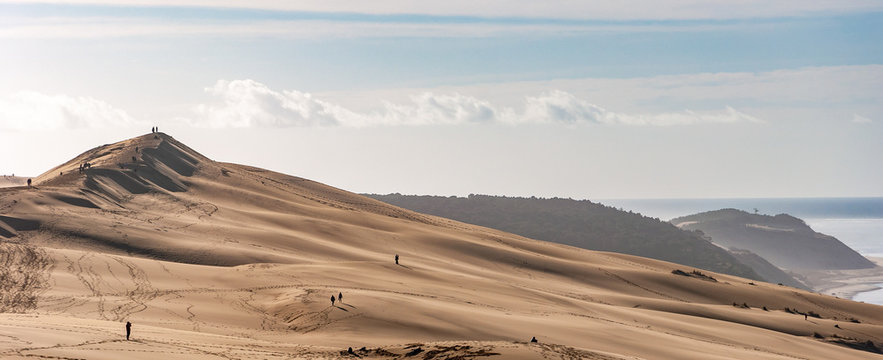 The Dune du Pilat of Arcachon in France, the highest sand dunes in Europe: paragliding, oyster cultivation, desert and beach.
