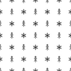 black ornament with line fir-trees and snowflakes on white background. Forest blizzard.