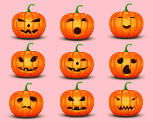 set of halloween pumpkins isolated on pink background