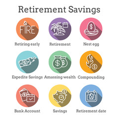 Retirement Savings Icon Set - money bags, nest egg, calendar and more