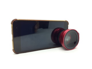 Luxury Red Metallic Selfie Lens with Macro Fish Eye Technology for Phone Camera Accessories in White Isolated Background