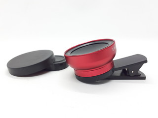 Luxury Red Metallic Selfie Lens with Macro Fish Eye Technology for Phone Camera Accessories in White Isolated Background