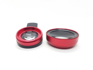 Luxury Red Metallic Selfie Lens with Macro Fish Eye Technology for Phone Camera Accessories in White Isolated Background