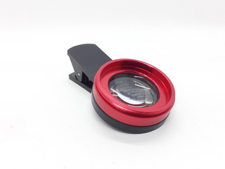 Luxury Red Metallic Selfie Lens with Macro Fish Eye Technology for Phone Camera Accessories in White Isolated Background