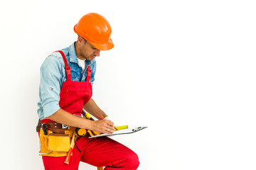 Construction Worker Contractor Carpenter with Clipboard on White