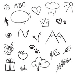 Hand drawn design elements. Vector set of doodle sketches. Arrows, crown, heart, speech bubble, gift box, flower, leaves