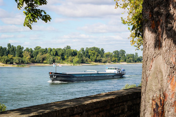 Cargo ship. International logistics. Delivery of goods. Dusseldorf. Germany