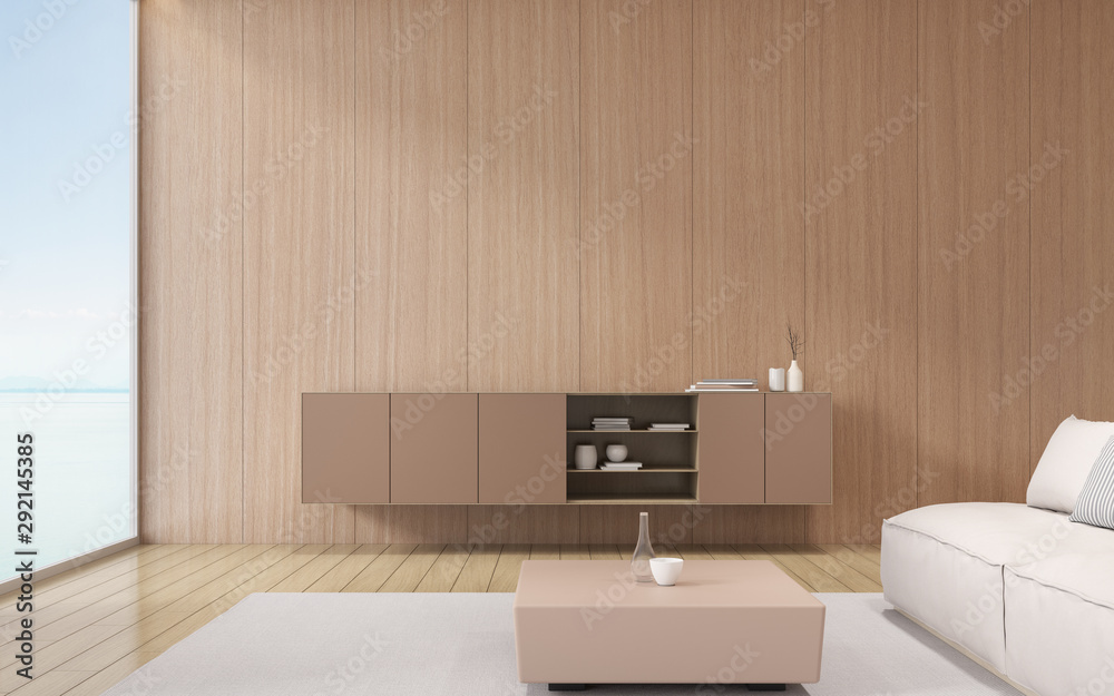 Poster view of living room in minimal style with sofa and small cabinet on timber laminate wall.perspective