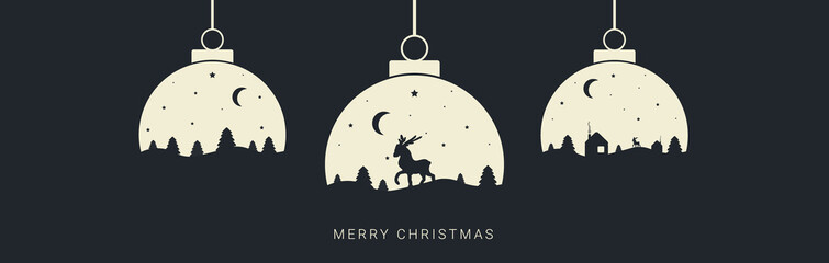 Christmas ball with winter landscape inside. Trees, deer and stars.