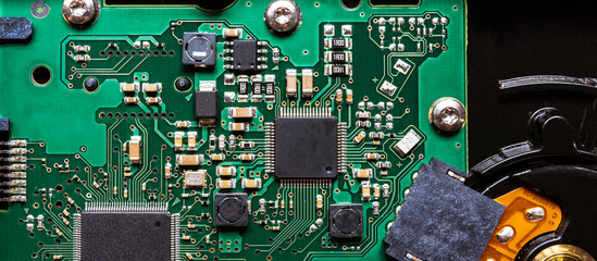 Inside computer, hardware motherboard components and circuits Technology background with computer...