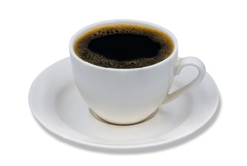 Hot fresh black coffee in a white cup with white plate isolated on white background. Clipping path.
