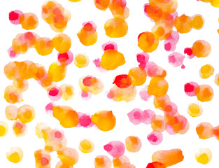 Watercolor brush strokes of yellow and red paint of a round form. On a white background, abstract textured background