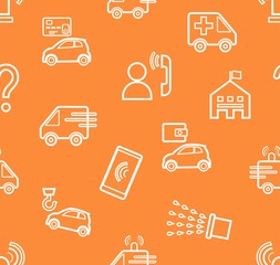 Emergency services, seamless pattern, contour pattern, orange, monochrome, flat, vector. Fine outline drawing. Emergency medical and fire assistance, reference services.  