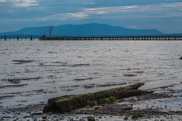 A Calm Bay and Pier Beyond Rocky Beach in Pacific Northwest