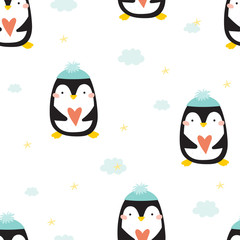 Seamless pattern with penguins. Cute penguin cartoon illustration. Animals pattern.