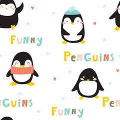Naklejka premium Seamless pattern with penguins. Cute penguin cartoon illustration. Animals pattern.