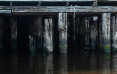 Old wooden pier, piles of rotten wood,