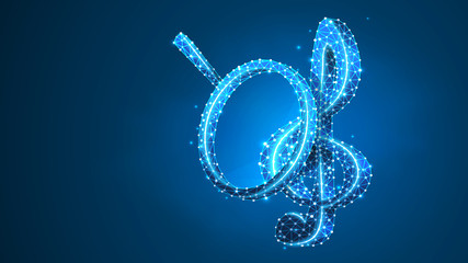 Magnifying glass on Treble clef. Music note analysis, melody key search, classic g-clef analytics concept. Abstract, digital, wireframe, low poly mesh, Raster blue neon 3d illustration. Line dot