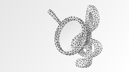 Magnifying glass on Treble clef. Music note analysis, melody key search, classic g-clef analytics concept. Abstract, digital, wireframe, low poly mesh, Raster white origami 3d illustration. Line dot