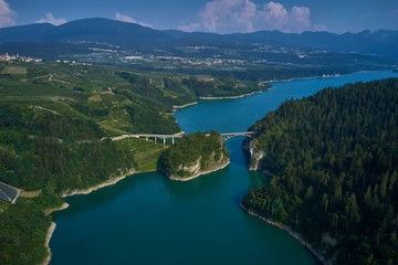 Obraz na płótnie Canvas Aerial view Lake Santa Giustina, Castel Cles, bridge over the lake. North of Italy.