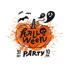 Vector template of Halloween party invitations or greeting cards with handwritten calligraphy lettering. illustration of pumpkin, ghost, spider, bat, skull