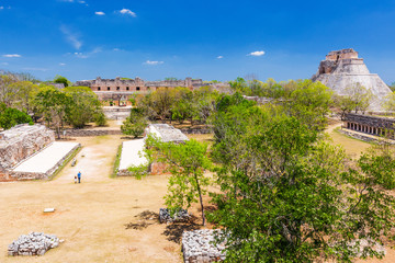 Uxmal, Mexico. The court of the Mesoamerican ball game and Pyramid of Magician.
