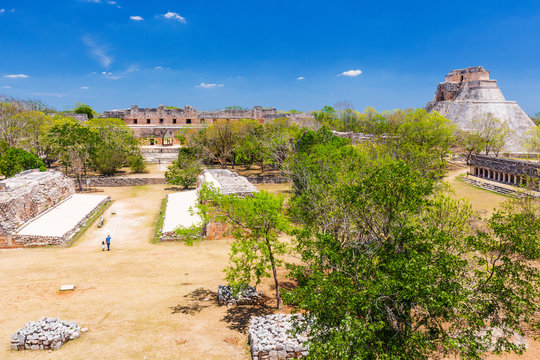 Uxmal, Mexico. The court of the Mesoamerican ball game and Pyramid of Magician.