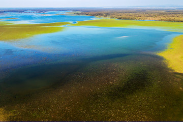 Aerial footage of flooded floodplain in Lonjsko polje in early spring, Croatia
