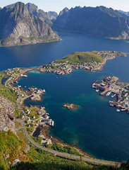 Amazing panoramic view on lovely arctic village Reine - 292153326