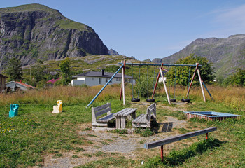 childish playground in village A on Lofoten islands - 292153547