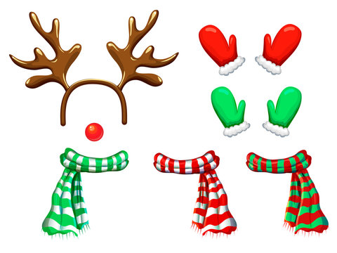vector reindeer face template isolated on white. antlers headband red nose scarf and mittens for holiday design. Xmas cartoon reindeers mask and accessory. Christmas and new year photo booth and props