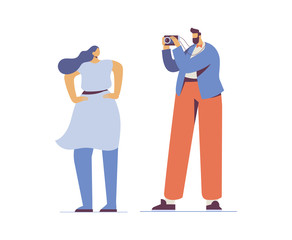 Photographer with camera making girl photo. Photographer taking picture of a girl. Flat vector characters