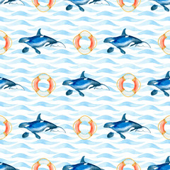 Obraz premium orca and life buoy watercolor hand painted seamless pattern.