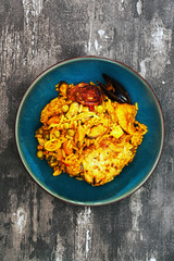 Prawn with rice - closeup of prawn with rice - traditionnal spanish food paella