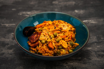 Prawn with rice - closeup of prawn with rice - traditionnal spanish food paella