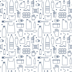 Stop using plastic seamless pattern with flat line icons. Polyethylene pollution awareness endless vector. Thin signs of plastics waste, bag, package, canister, bottle, disposable tableware, cosmetic