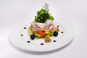 Vegetarian dish: Salad with Tofu cheese, with onions, sweet peppers, olive, lettuce and sprouted seeds