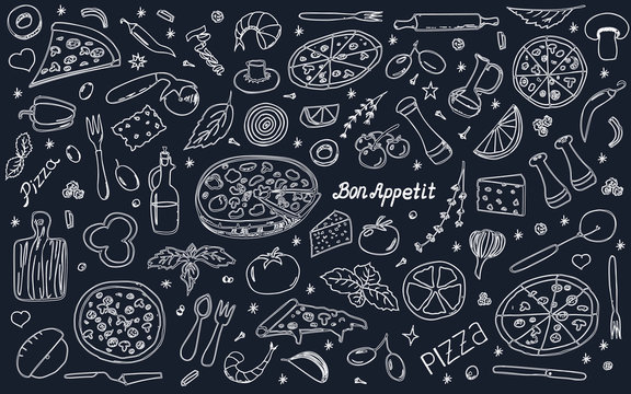 Vector background with pizza and snacks. Useful for packaging, menu design and interior decoration. Hand drawn doodles.  Set of food and pizza elements on black background.