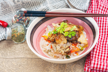 Asian style caramel pork with rice and vegetable