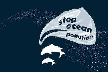 Rubbish Trash bag as speech bubble balloon. Dolphins ask to save ocean from plastic pollution. Request for help from the underwater world - Environment protection concept. Marine life give SOS signal
