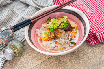 Asian style caramel pork with rice and vegetable