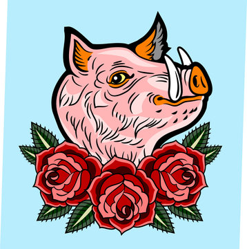 Cute, good-natured pink hog style old school tattoo, with red roses 