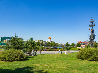 Beautiful views of Krymskaya embankment and Muzeon park of arts in Moscow, Russia on a sunny summer day.