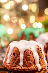 Christmas Cake with Festive Sugar Decorations on  Christmas Table